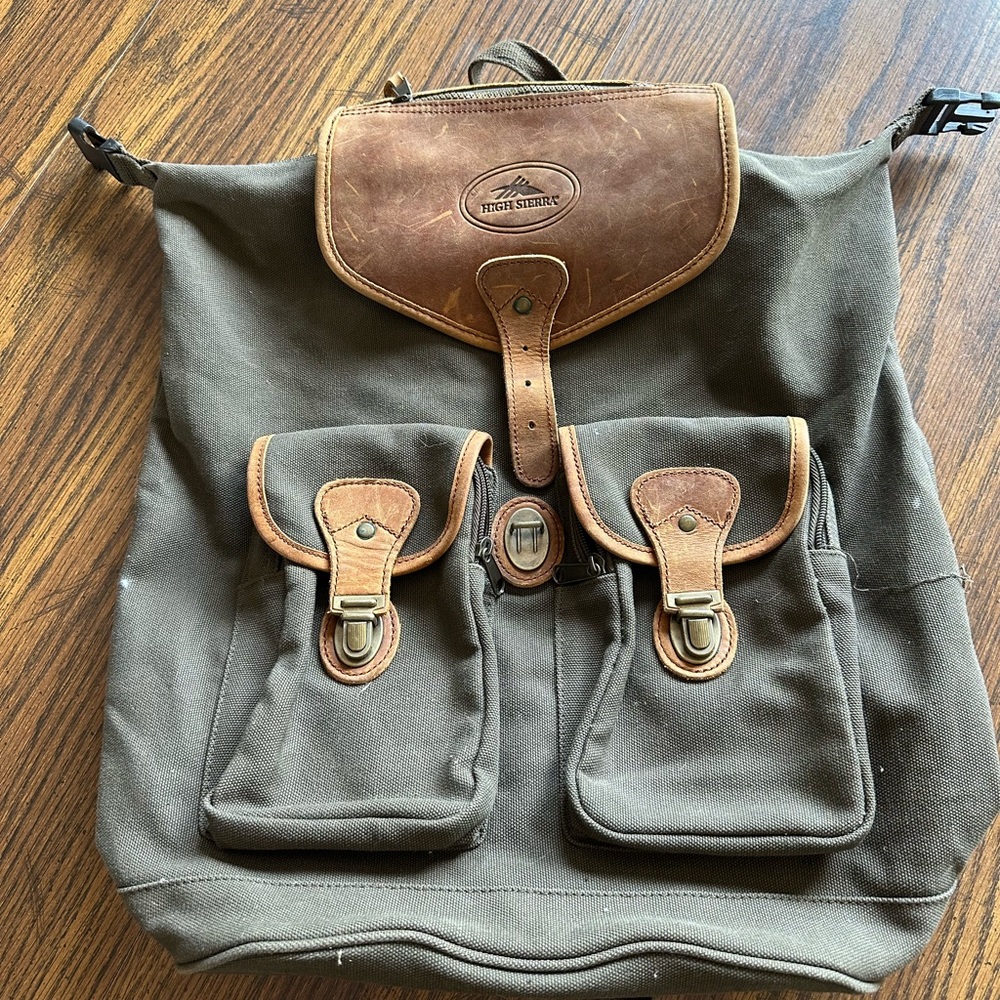 Vintage High Sierra Olive Canvas Backpack with Brown Leather Trim